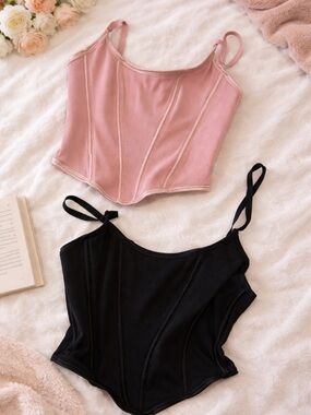 2 Kenzie Corset Crop Tops Size XL Blush Pink + Black Ribbed Bustier Style